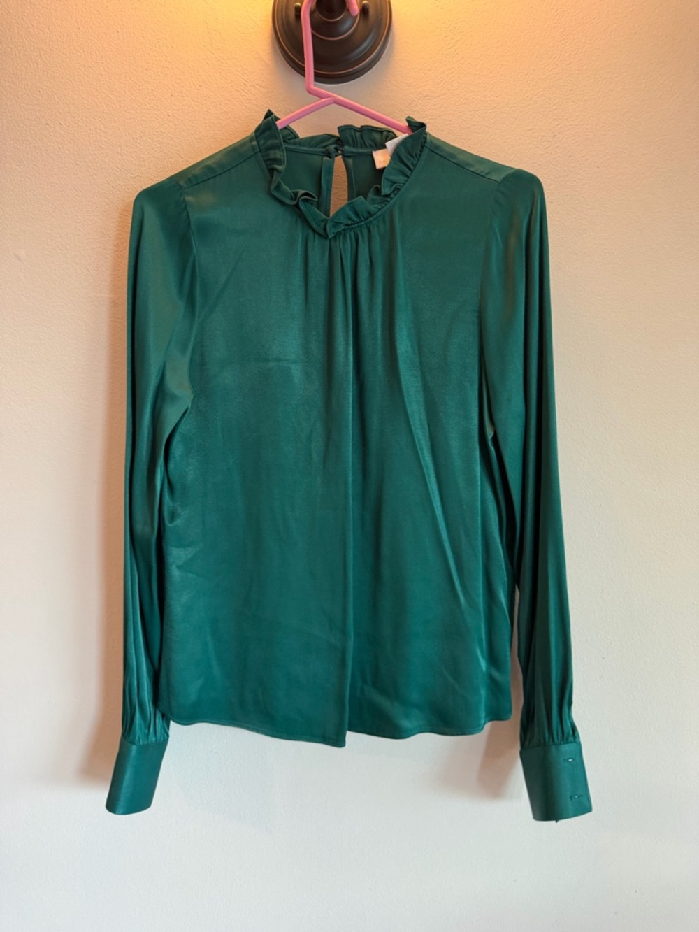 Rachel Parcell Emerald Green Satin Ruffle‎ High Neck Long Sleeve Blouse XS